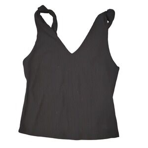 Miss Me Black Ribbed Tank Top Knotted Straps V-Neck Sleeveless Casual‎